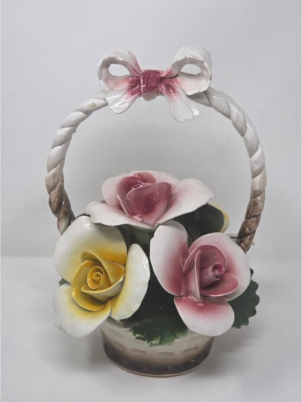 Nuova Capodimonte Ceramic Flower Basket Roses Bow Italy Decor Porcelain Art